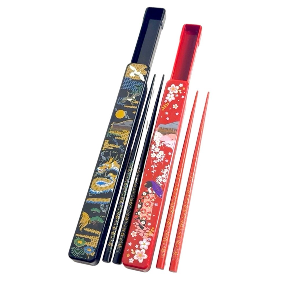 Japanese Travel Chopsticks 2 Pair Cases Dragon Geisha Cranes Sakura Red Black